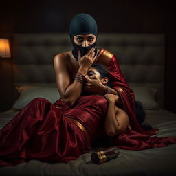 A striking and intense scene featuring a hot Indian woman dressed in an elegant saree and wearing a balaclava, as she chokes another woman around the neck while both are positioned on a luxurious bed