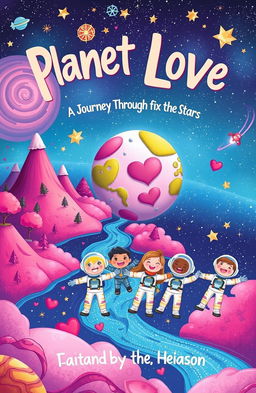 A whimsical and vibrant illustration of a celestial journey titled 'Planet Love: A Journey Through the Stars'