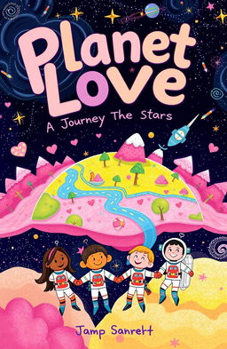 A whimsical and vibrant illustration of a celestial journey titled 'Planet Love: A Journey Through the Stars'