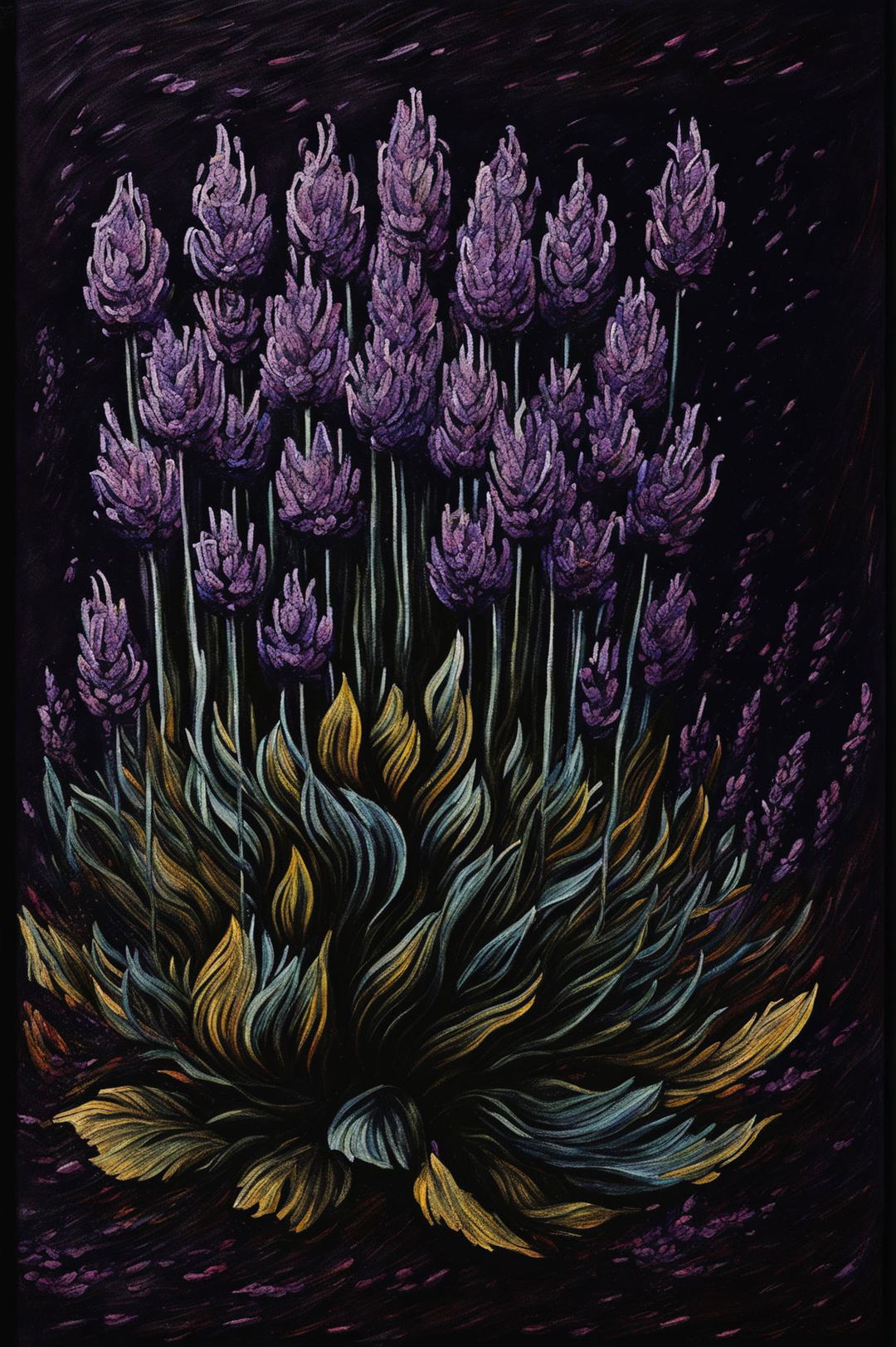 A vibrant and expressive crayon pastel drawing of a lavender plant, inspired by the style of Vincent Van Gogh