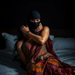 An intense and provocative scene featuring a sexy hot Indian woman dressed in a beautifully patterned saree and wearing a balaclava, as she chokes another woman around the neck while both are positioned on a luxurious bed