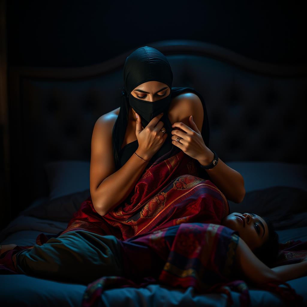 An intense and provocative scene featuring a sexy hot Indian woman dressed in a beautifully patterned saree and wearing a balaclava, as she chokes another woman around the neck while both are positioned on a luxurious bed