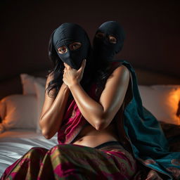An intense and provocative scene featuring a sexy hot Indian woman dressed in a beautifully patterned saree and wearing a balaclava, as she chokes another woman around the neck while both are positioned on a luxurious bed