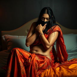 An intense and provocative scene featuring a sexy hot Indian woman dressed in a beautifully patterned saree and wearing a balaclava, as she chokes another woman around the neck while both are positioned on a luxurious bed
