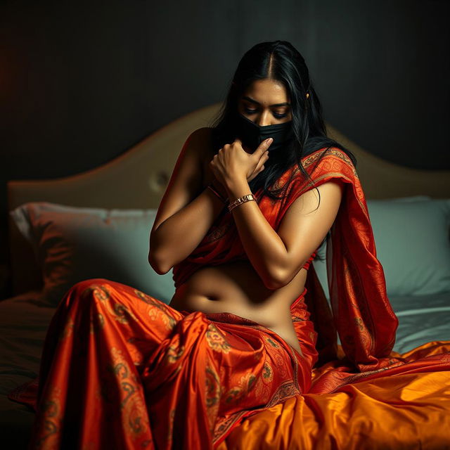 An intense and provocative scene featuring a sexy hot Indian woman dressed in a beautifully patterned saree and wearing a balaclava, as she chokes another woman around the neck while both are positioned on a luxurious bed