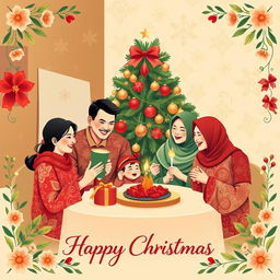 An elegant illustration for a greeting card design featuring the theme of a family gathering at a Christmas celebration, beautifully integrating traditional Indonesian batik patterns