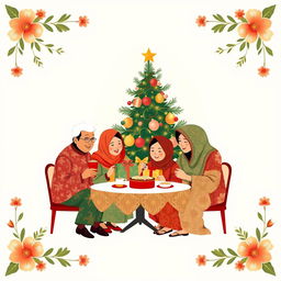 An elegant illustration for a greeting card design featuring the theme of a family gathering at a Christmas celebration, beautifully integrating traditional Indonesian batik patterns