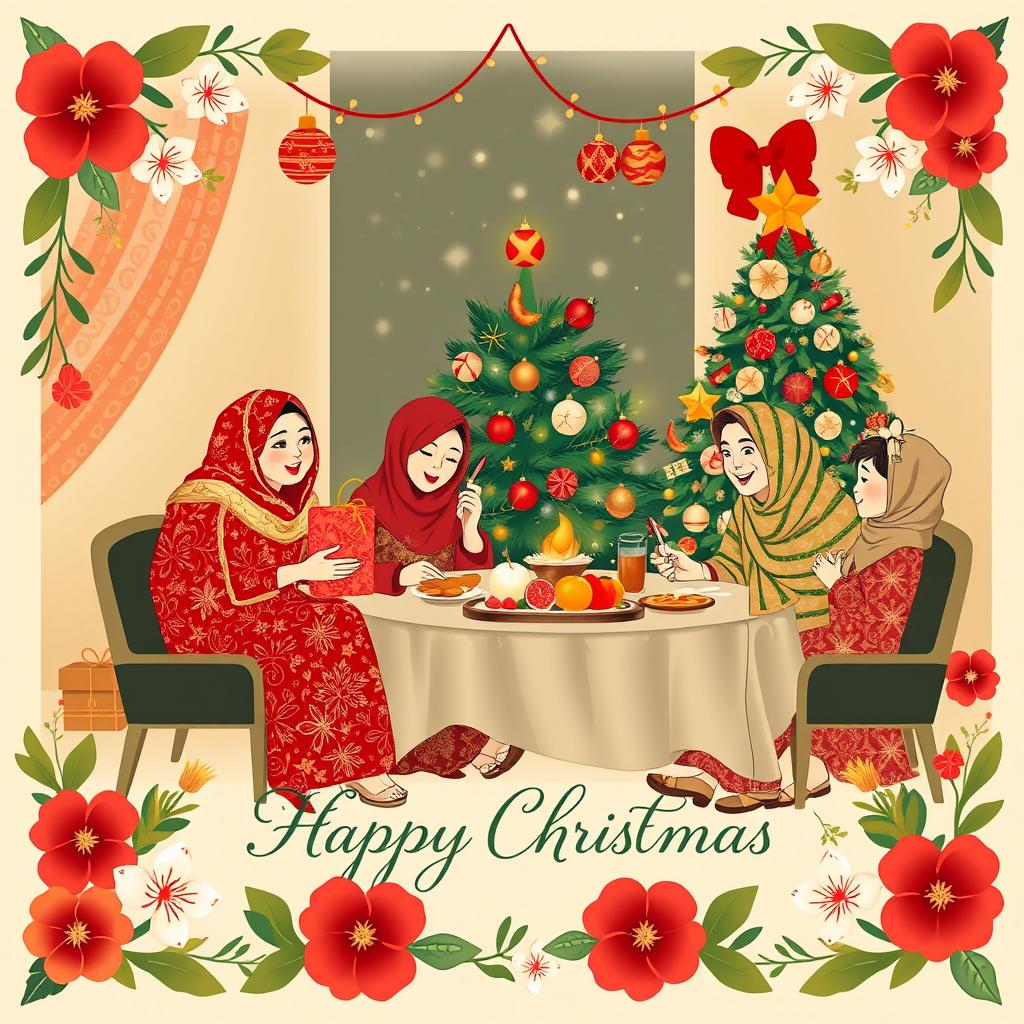 An elegant illustration for a greeting card design featuring the theme of a family gathering at a Christmas celebration, beautifully integrating traditional Indonesian batik patterns