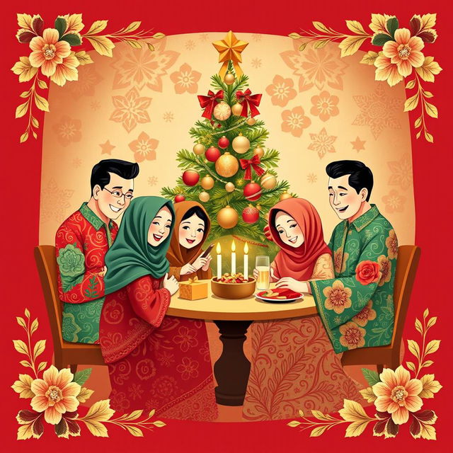 An elegant illustration for a greeting card design featuring the theme of a family gathering at a Christmas celebration, beautifully integrating traditional Indonesian batik patterns