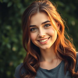 A portrait of a confident young woman with natural beauty, smiling softly, revealing her authentic self