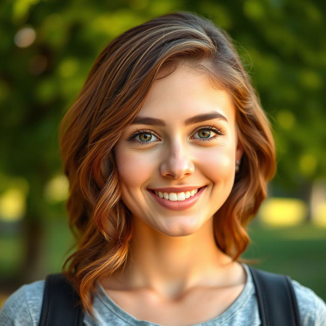 A portrait of a confident young woman with natural beauty, smiling softly, revealing her authentic self