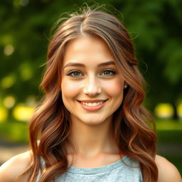 A portrait of a confident young woman with natural beauty, smiling softly, revealing her authentic self