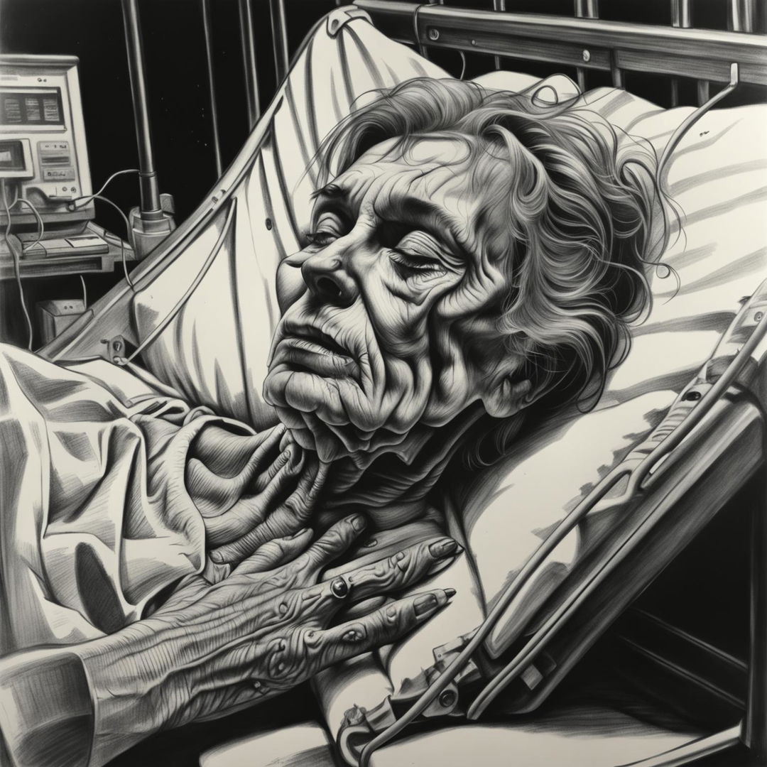 A black and white pencil drawing of an elderly woman in her final moments in a hospital bed