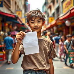 A teenage boy standing confidently in a vibrant street scene, holding up a piece of paper as a symbol of his first act of resistance