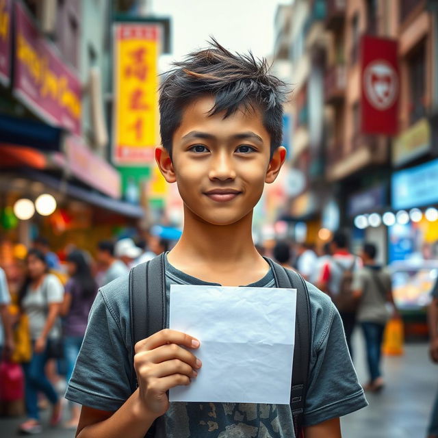 A teenage boy standing confidently in a vibrant street scene, holding up a piece of paper as a symbol of his first act of resistance