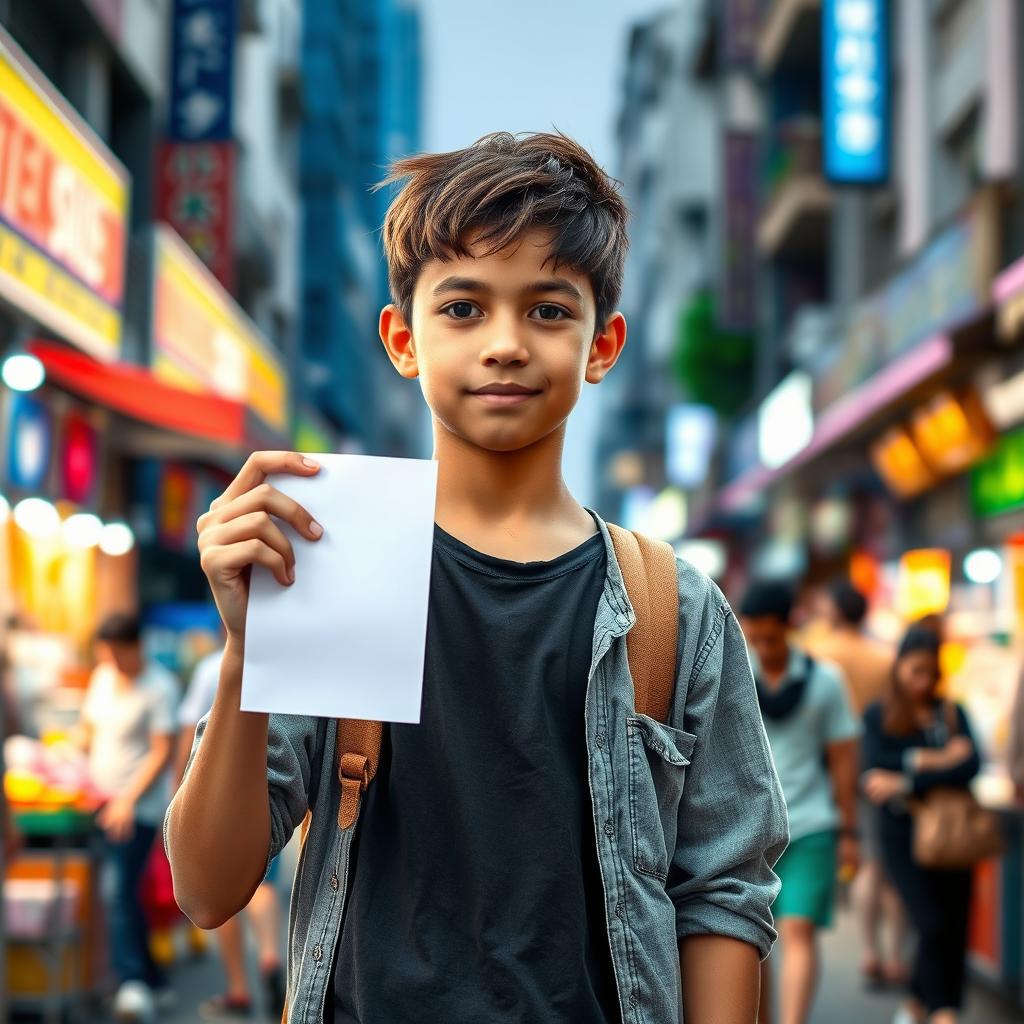 A teenage boy standing confidently in a vibrant street scene, holding up a piece of paper as a symbol of his first act of resistance