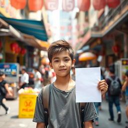 A teenage boy standing confidently in a vibrant street scene, holding up a piece of paper as a symbol of his first act of resistance