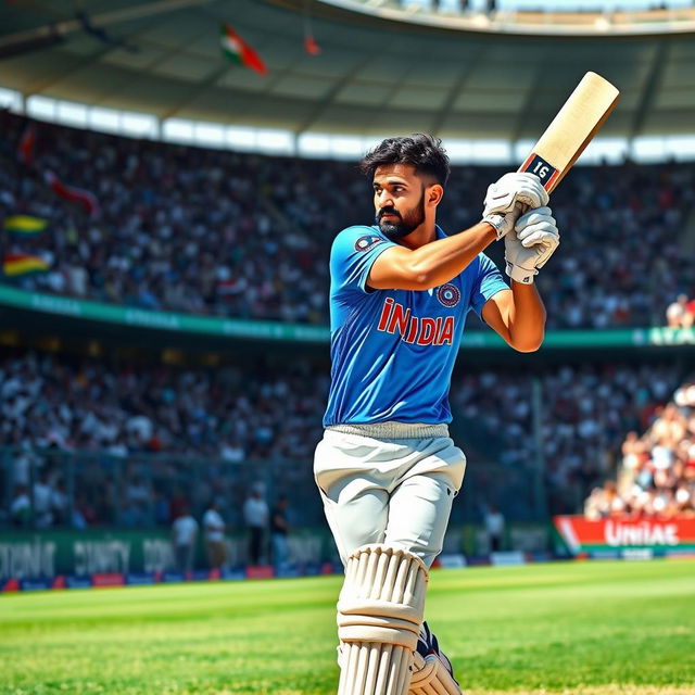 A dynamic cricket player wearing an India national team jersey, swinging a bat with focus and intensity, standing on a vibrant green cricket field