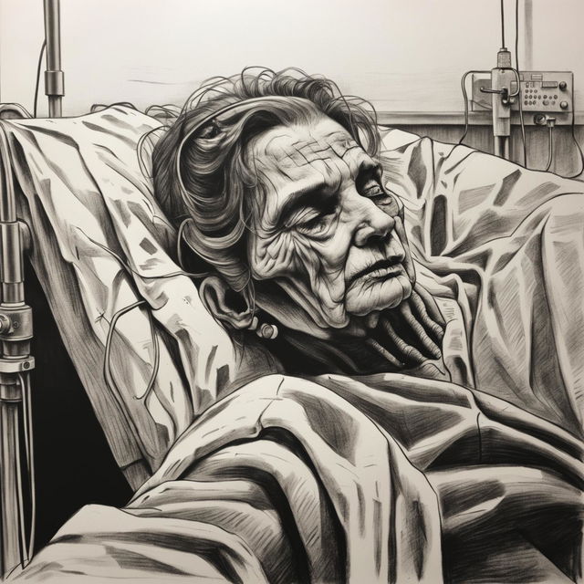 A deeply moving black and white pencil drawing of an elderly woman in a hospital bed, depicted in her final moments of life