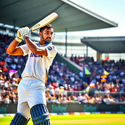 A dynamic cricket player wearing an India national team jersey, swinging a bat with focus and intensity, standing on a vibrant green cricket field
