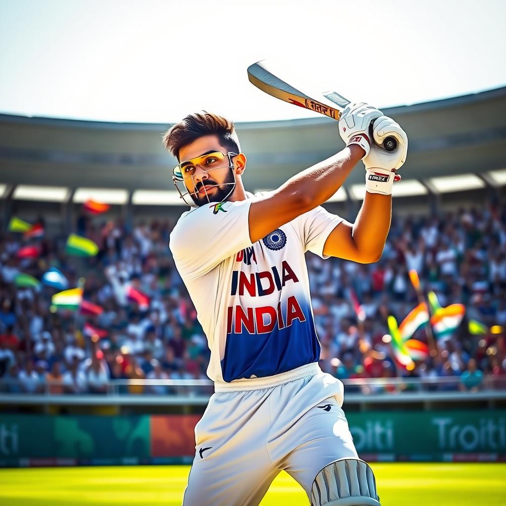 A dynamic cricket player wearing an India national team jersey, swinging a bat with focus and intensity, standing on a vibrant green cricket field