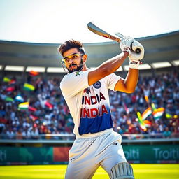 A dynamic cricket player wearing an India national team jersey, swinging a bat with focus and intensity, standing on a vibrant green cricket field