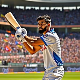 A dynamic cricket player wearing an India national team jersey, swinging a bat with focus and intensity, standing on a vibrant green cricket field