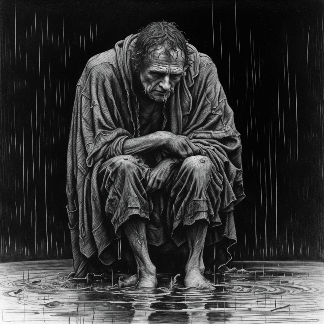 A detailed, black and white pencil drawing depicting a sorrowful homeless man in the rain