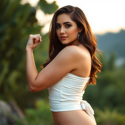 A artistic and tasteful depiction of a confident and empowered woman posing in a natural setting, embodying beauty and self-acceptance