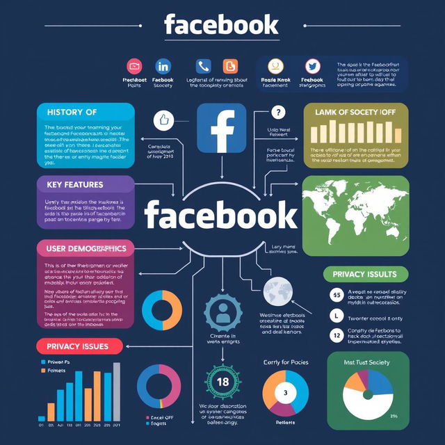 Create an intricate and visually appealing infographic showcasing detailed information about Facebook