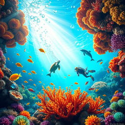 An imaginative scene featuring a vibrant underwater world filled with colorful coral reefs, exotic fish swimming gracefully, and sun rays filtering through the clear blue ocean water