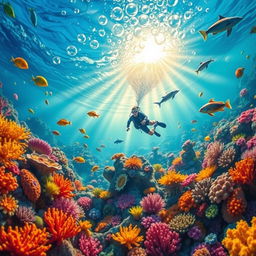 An imaginative scene featuring a vibrant underwater world filled with colorful coral reefs, exotic fish swimming gracefully, and sun rays filtering through the clear blue ocean water
