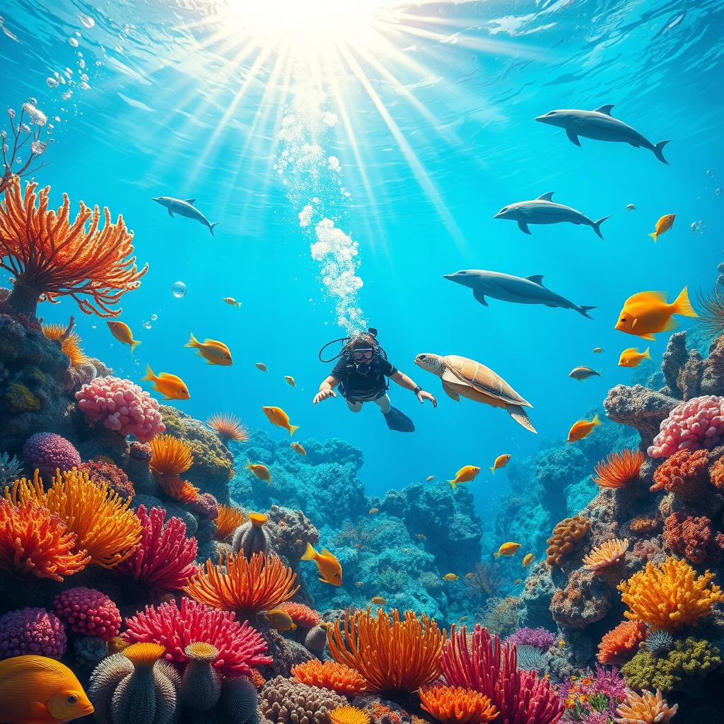 An imaginative scene featuring a vibrant underwater world filled with colorful coral reefs, exotic fish swimming gracefully, and sun rays filtering through the clear blue ocean water