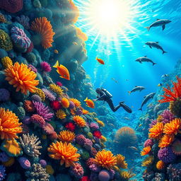 An imaginative scene featuring a vibrant underwater world filled with colorful coral reefs, exotic fish swimming gracefully, and sun rays filtering through the clear blue ocean water