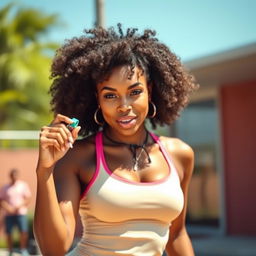A stunning black woman blowing a whistle with a playful yet confident expression