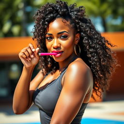 A stunning black woman blowing a whistle with a playful yet confident expression