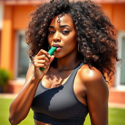 A stunning black woman blowing a whistle with a playful yet confident expression