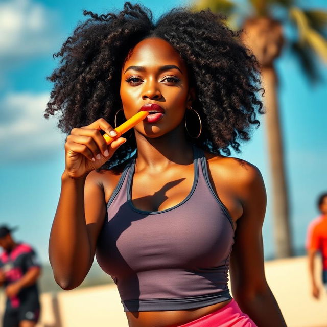 A stunning black woman blowing a whistle with a playful yet confident expression