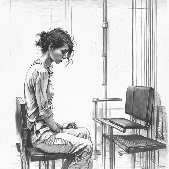 A high-quality black and white pencil drawing depicts a sad woman in an empty hospital waiting room