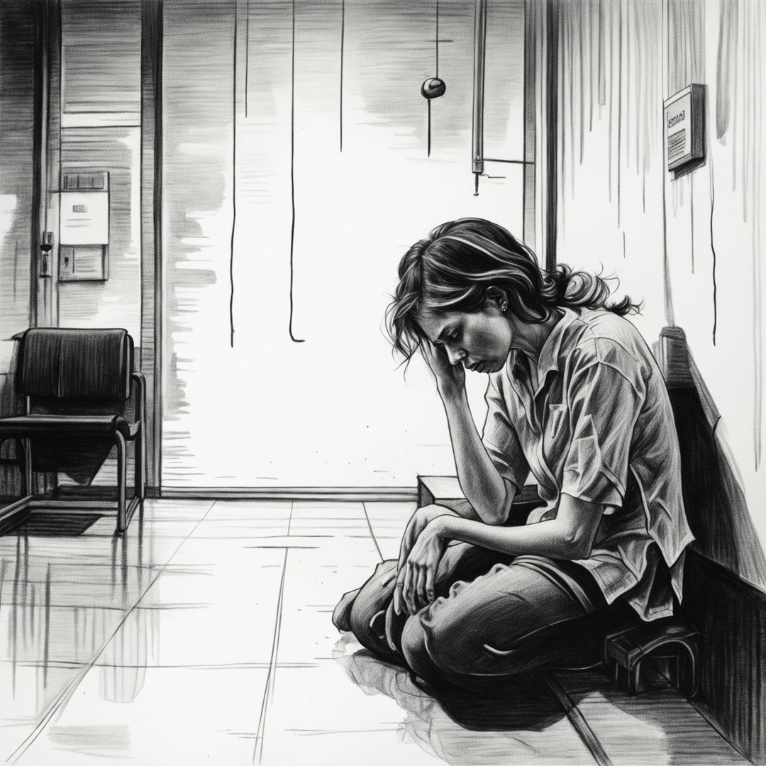 This is a high-quality black and white pencil drawing depicting a sad woman in a hospital waiting room