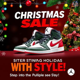 An eye-catching advertisement poster featuring a pair of stylish Jordan shoes prominently displayed, set against a festive Christmas background