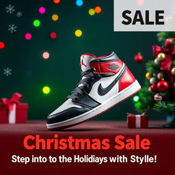An eye-catching advertisement poster featuring a pair of stylish Jordan shoes prominently displayed, set against a festive Christmas background