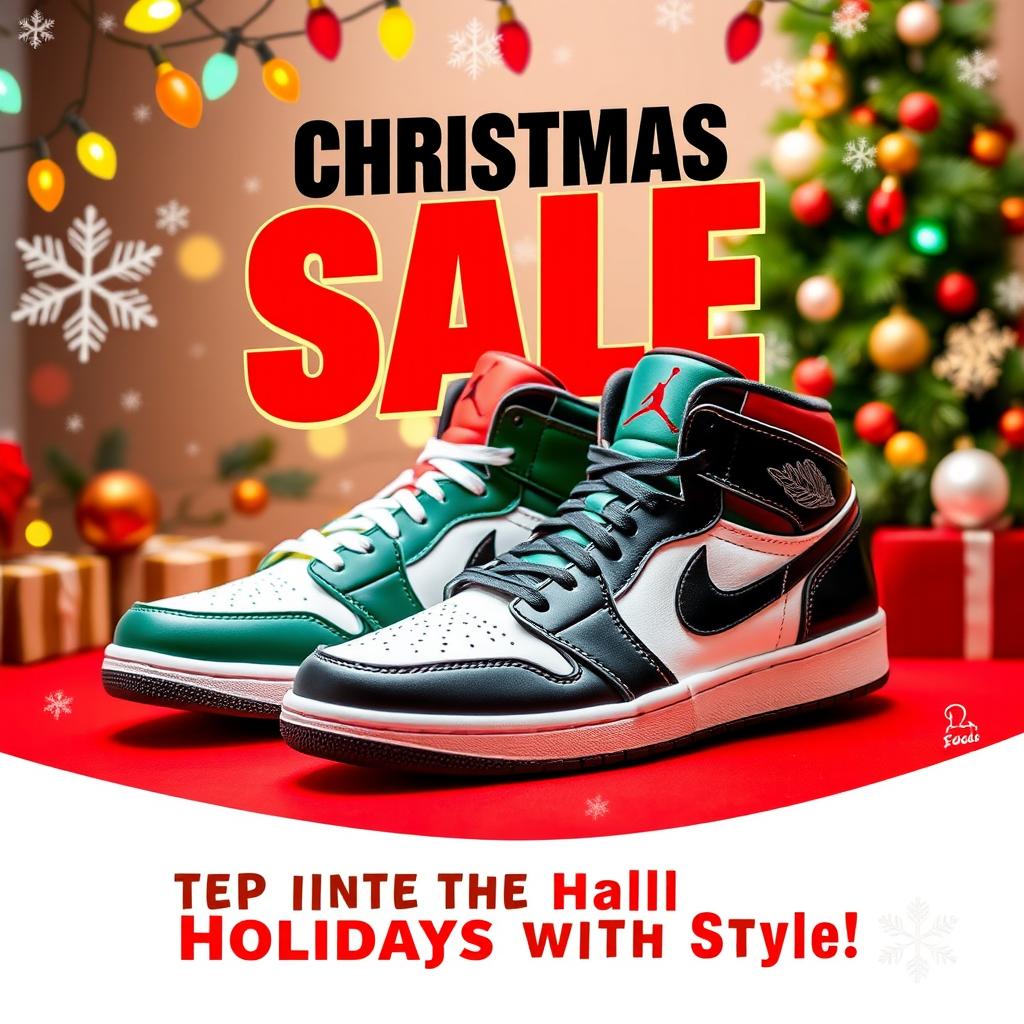 An eye-catching advertisement poster featuring a pair of stylish Jordan shoes prominently displayed, set against a festive Christmas background
