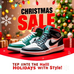An eye-catching advertisement poster featuring a pair of stylish Jordan shoes prominently displayed, set against a festive Christmas background