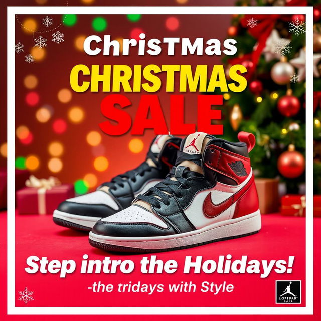 An eye-catching advertisement poster featuring a pair of stylish Jordan shoes prominently displayed, set against a festive Christmas background