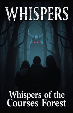 A captivating horror eBook cover titled 'Whispers of the Courses Forest' featuring three friends standing together in a dense, dark forest