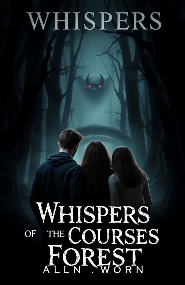 A captivating horror eBook cover titled 'Whispers of the Courses Forest' featuring three friends standing together in a dense, dark forest