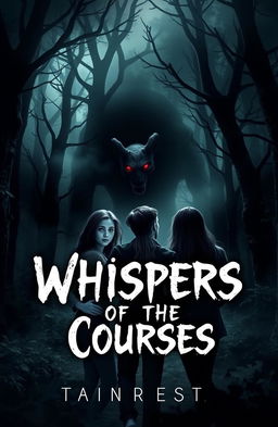 A captivating horror eBook cover titled 'Whispers of the Courses Forest' featuring three friends standing together in a dense, dark forest