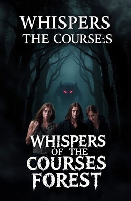 A captivating horror eBook cover titled 'Whispers of the Courses Forest' featuring three friends standing together in a dense, dark forest