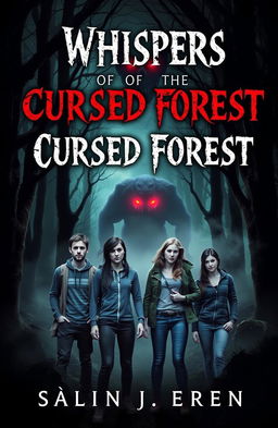 A horror eBook cover featuring four friends in a dark, eerie forest setting titled "Whispers of the Cursed Forest